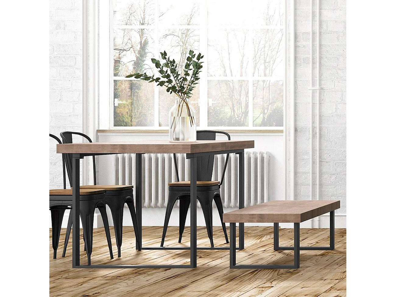 Banco de madera con patas metálicas en negro y roble honey 120x34 cm Loft Roble Honey - Negro