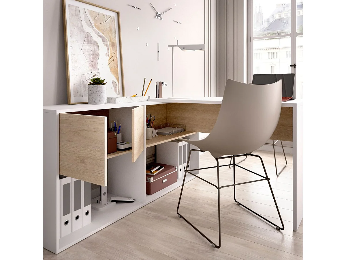 Escritorio Flexo con estante + armario blanco/natural 141x105x70 cm