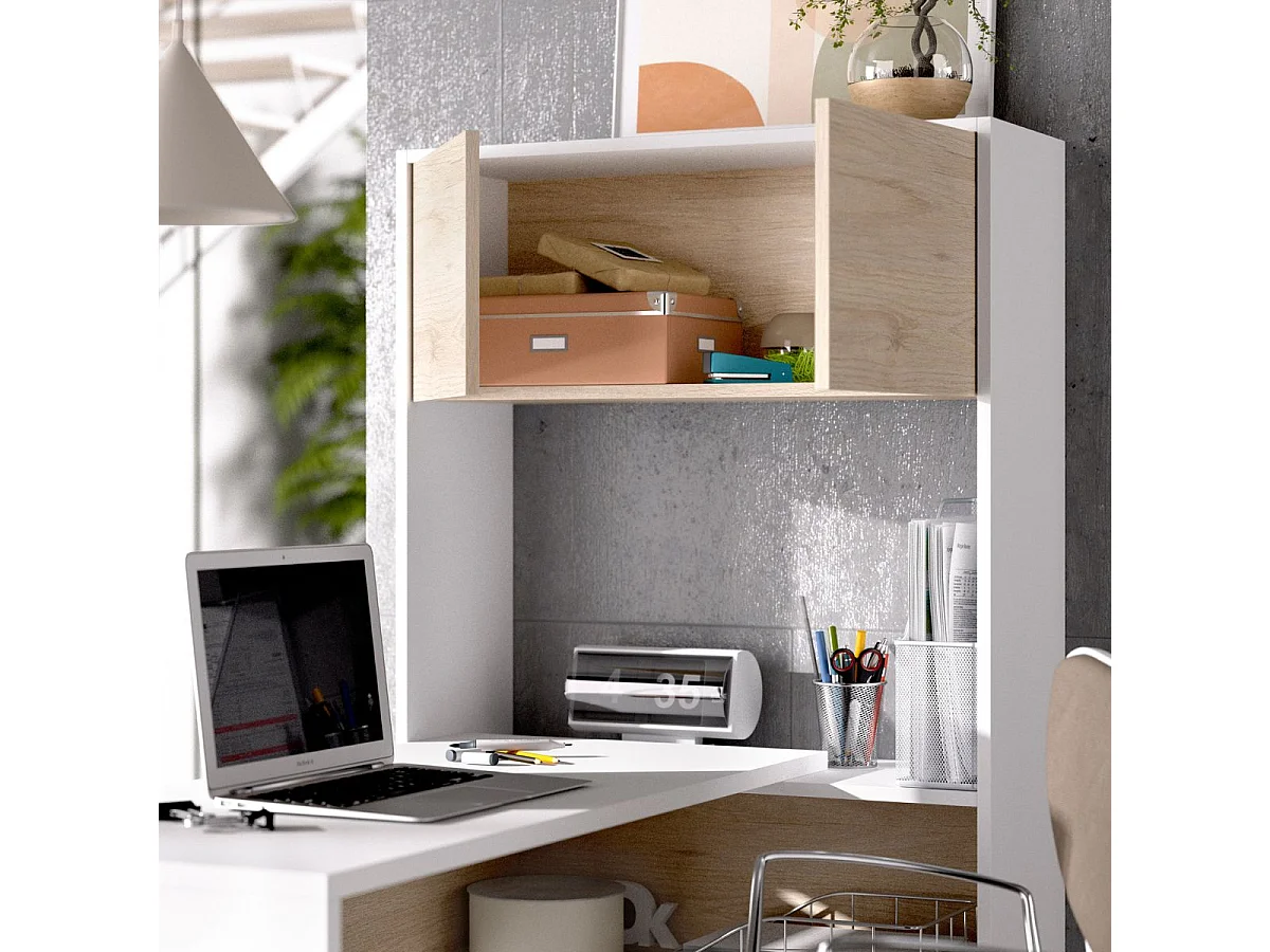 Escritorio Flexo con estante + armario blanco/natural 141x105x70 cm