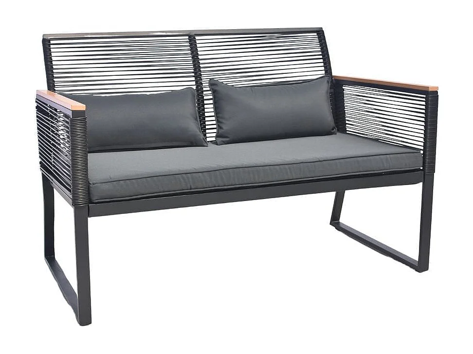 Conjunto de jardín Eleganza sofá doble + 2 sillas + mesa y cojines negro/roble