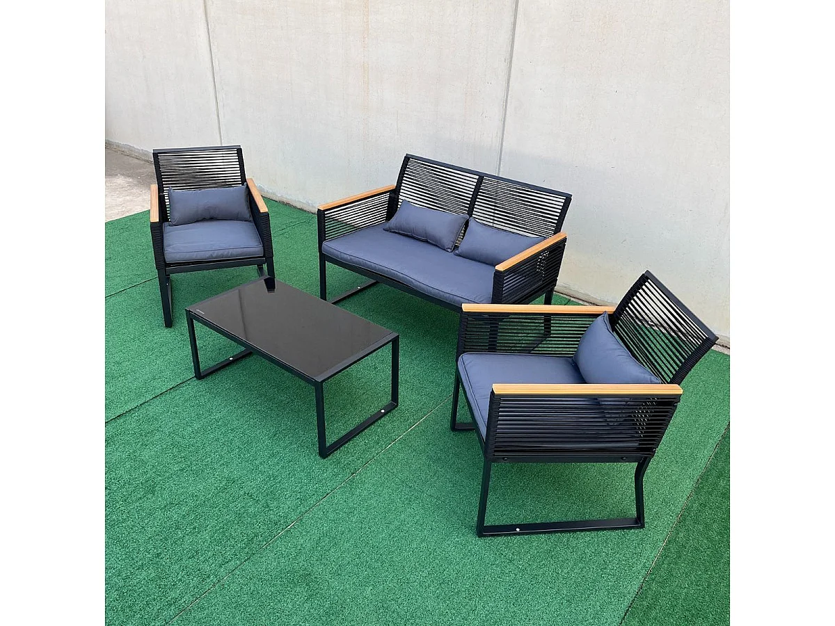 Conjunto de jardín Eleganza sofá doble + 2 sillas + mesa y cojines negro/roble