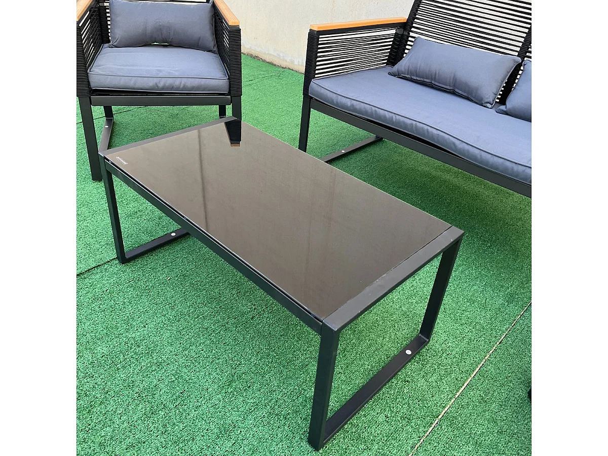 Conjunto de jardín Eleganza sofá doble + 2 sillas + mesa y cojines negro/roble