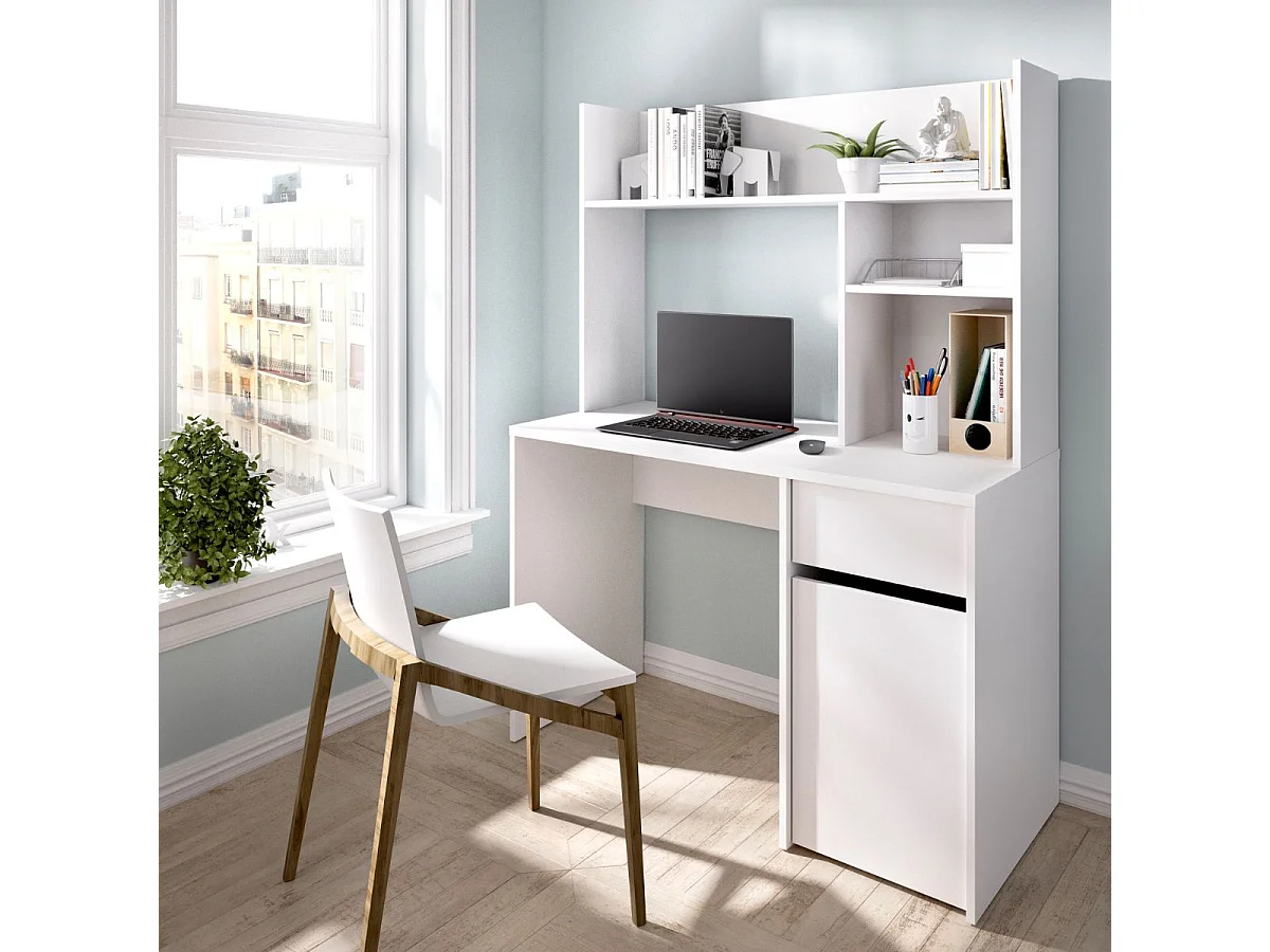 Mesa de escritorio Bali cajón + armario + 3 compartimentos blanco 154x110x50 cm