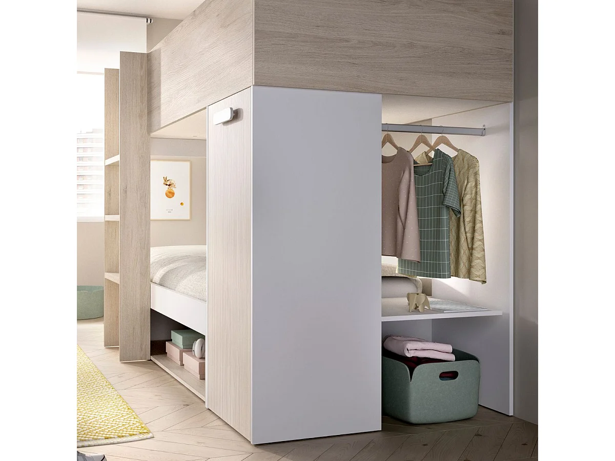 Cama tren Kos 2 camas + armario + cajón + 2 compartimentos + barra natural 150x246x112 cm