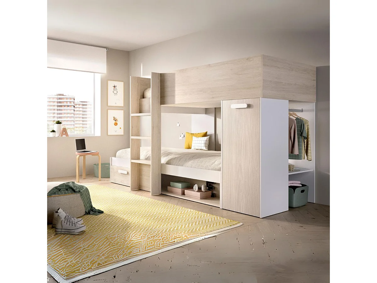Cama tren Kos 2 camas + armario + cajón + 2 compartimentos + barra natural 150x246x112 cm