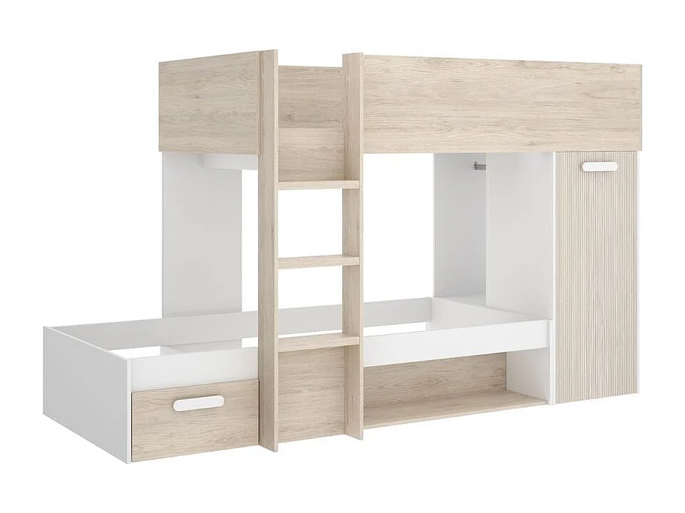 Cama tren Kos 2 camas + armario + cajón + 2 compartimentos + barra natural 150x246x112 cm