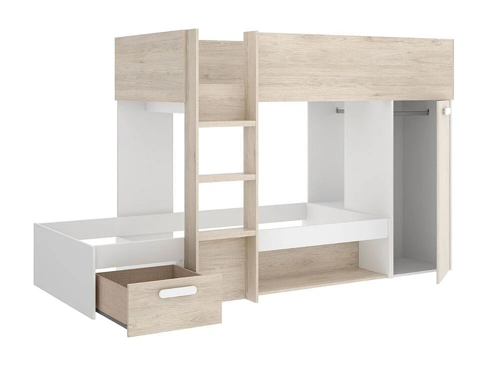 Cama tren Kos 2 camas + armario + cajón + 2 compartimentos + barra natural 150x246x112 cm