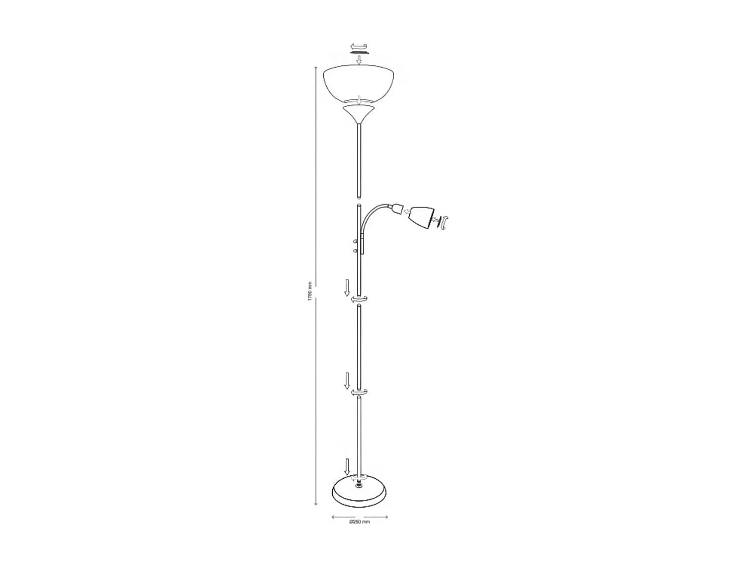 Lámpara de pie Torino Bel Air 80W + brazo orientable negro Ø25x179 cm