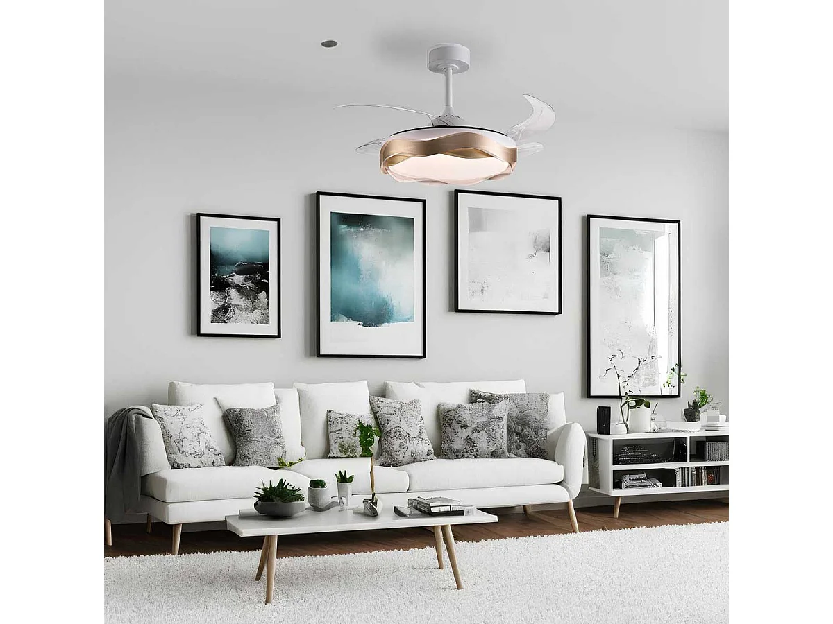 Ventilador de techo Ondas Bel Air 72W 4 aspas retráctiles con luz LED oro Ø108 cm