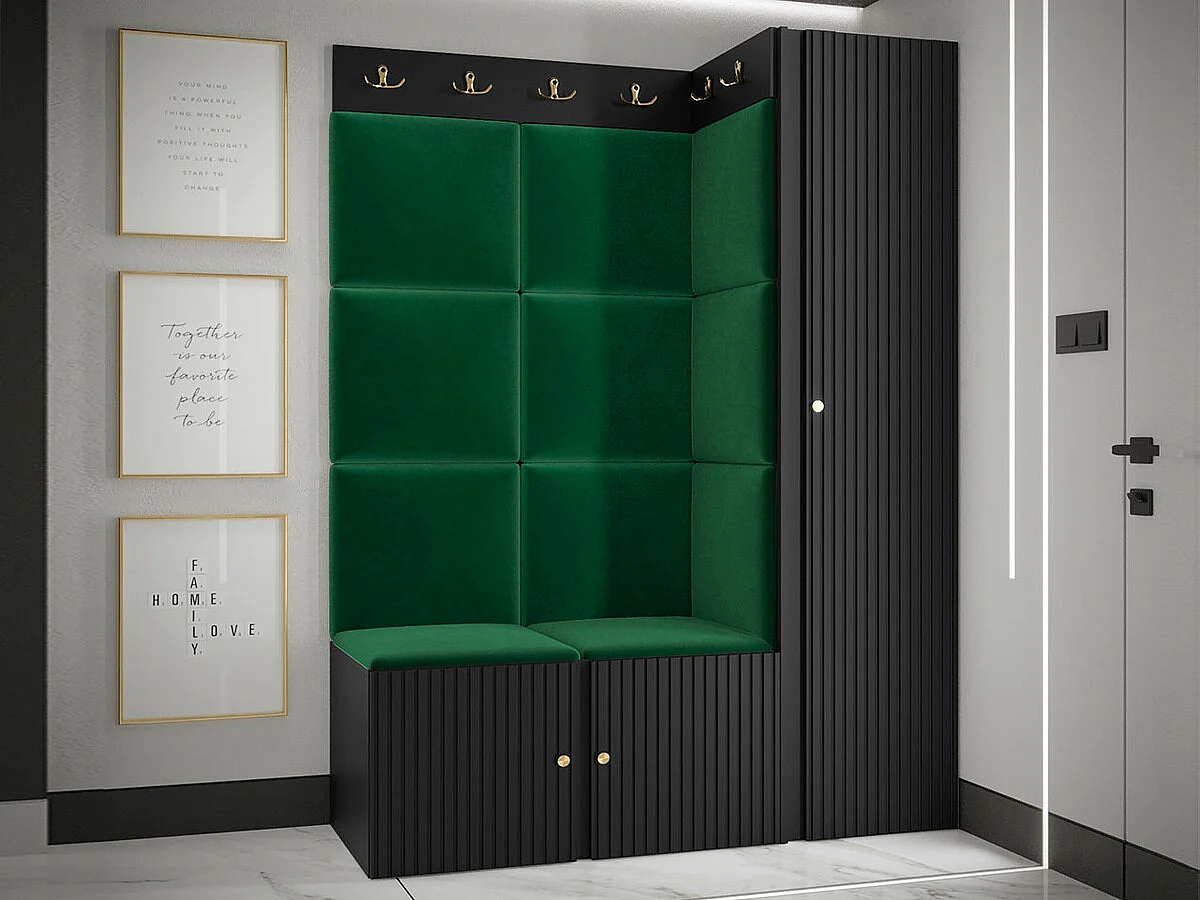 Meuble d'entrée Hartford 385, 186x124x46cm, Noir|Vert, Tissu|MDF|Stratifié