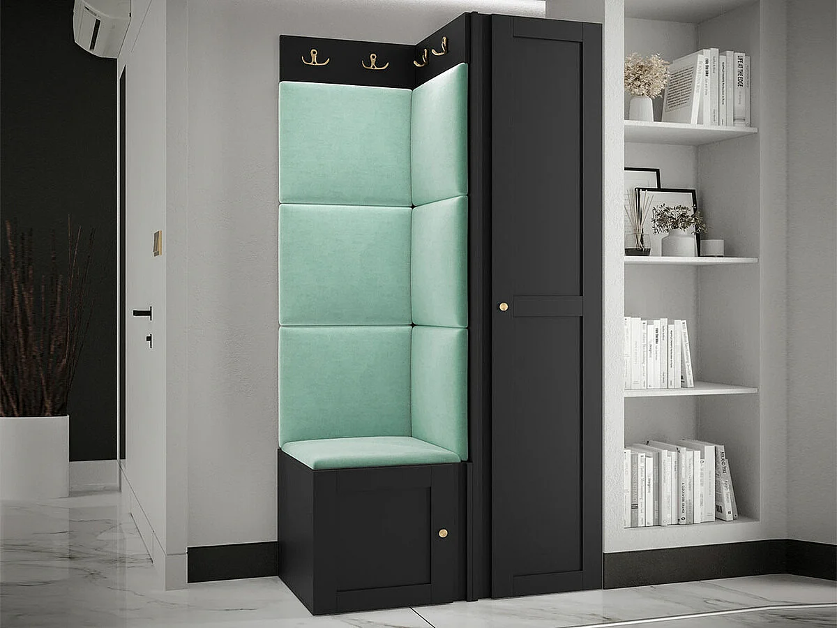 Meuble d'entrée Hartford 381, 186x82x46cm, Turquoise|Noir, MDF|Stratifié|Tissu