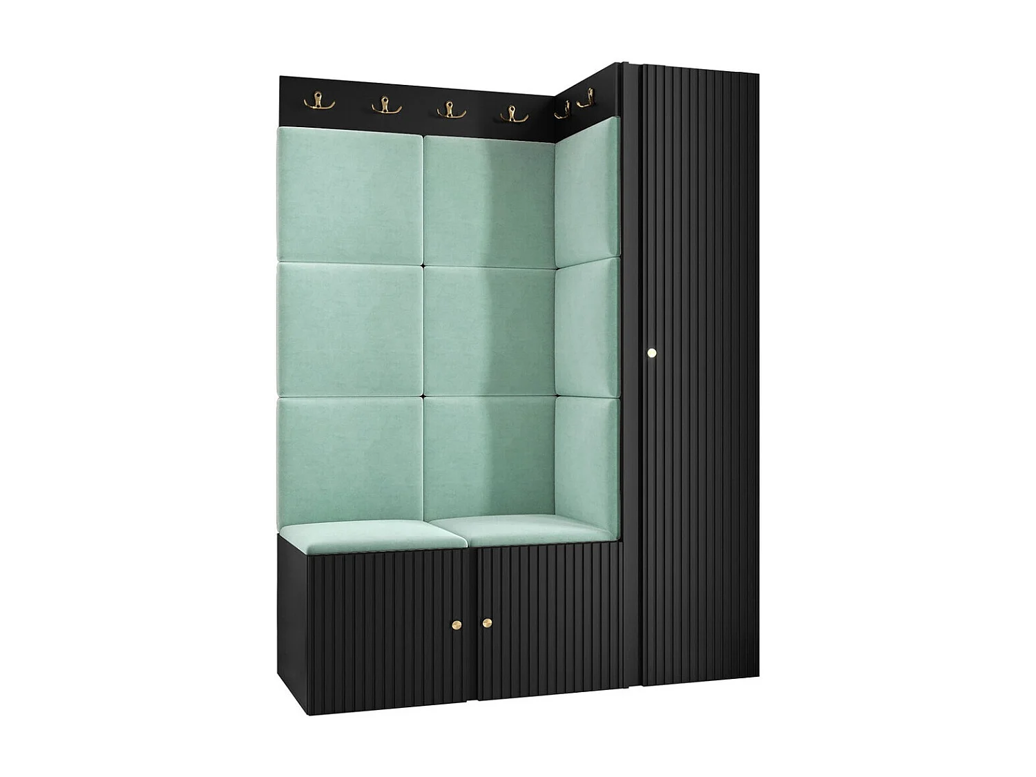 Meuble d'entrée Hartford 385, 186x124x46cm, Turquoise|Noir, Stratifié|Tissu|MDF