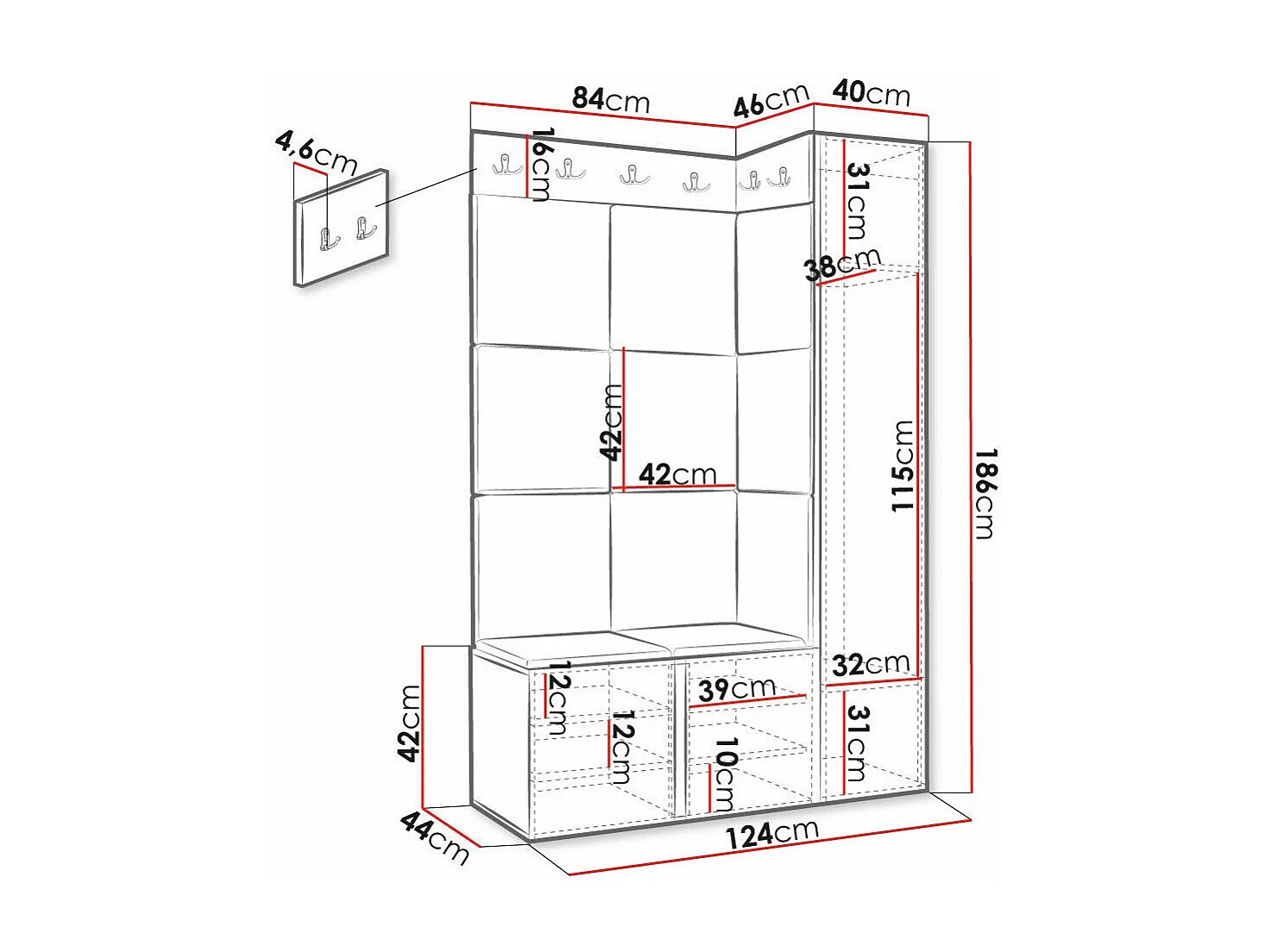 Meuble d'entrée Hartford 385, 186x124x46cm, Turquoise|Noir, Stratifié|Tissu|MDF