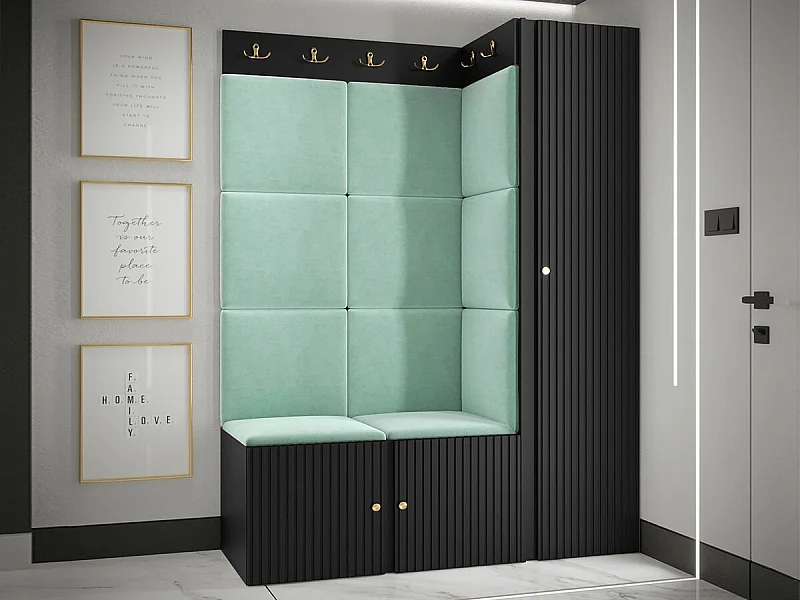 Meuble d'entrée Hartford 385, 186x124x46cm, Turquoise|Noir, Stratifié|Tissu|MDF