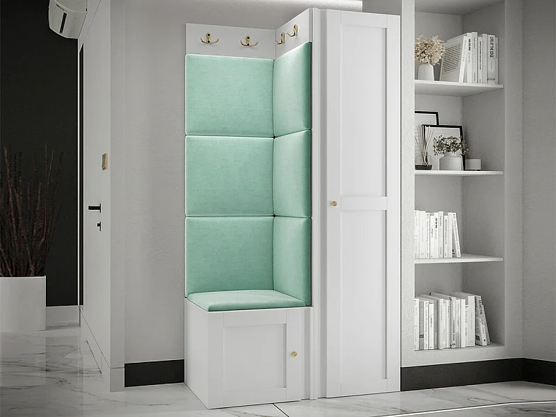 Meuble d'entrée Hartford 381, 186x82x46cm, Turquoise|Blanc, Stratifié|Tissu|MDF
