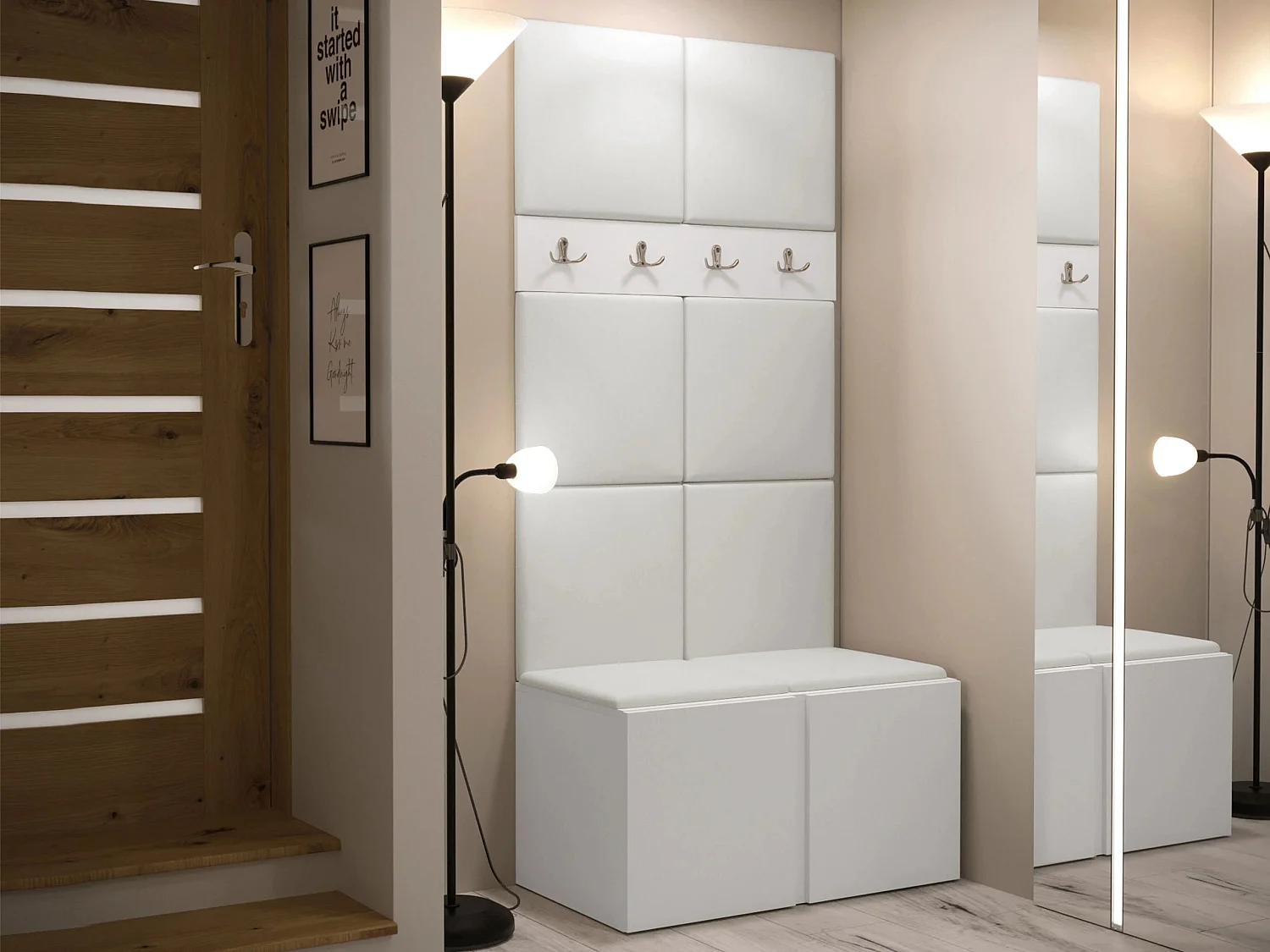 Meuble d'entrée Pinis IV, 186x84x46cm, Blanc, Faux cuir|Stratifié, Murale|À poser