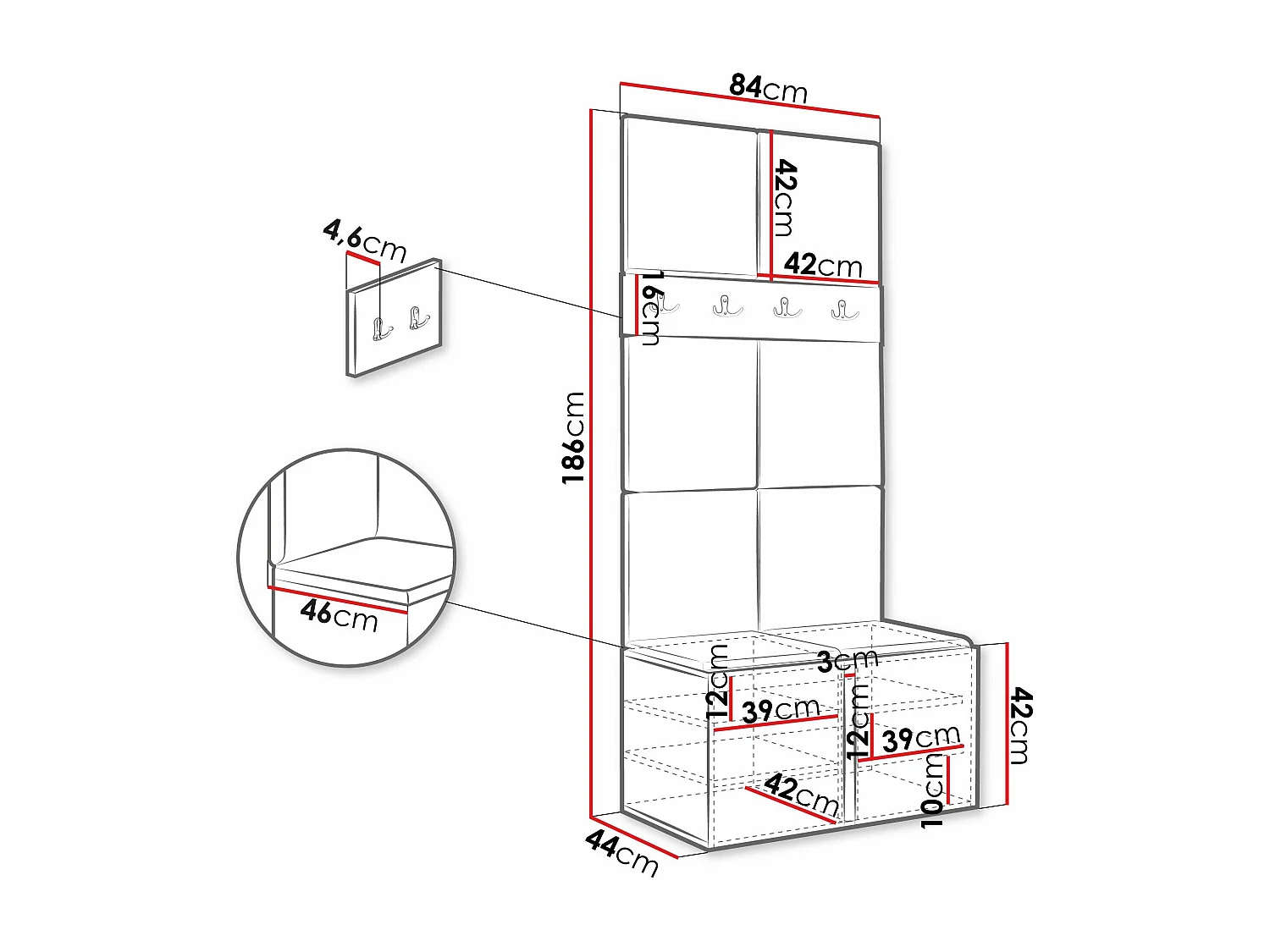 Meuble d'entrée Pinis IV, 186x84x46cm, Blanc, Faux cuir|Stratifié, Murale|À poser