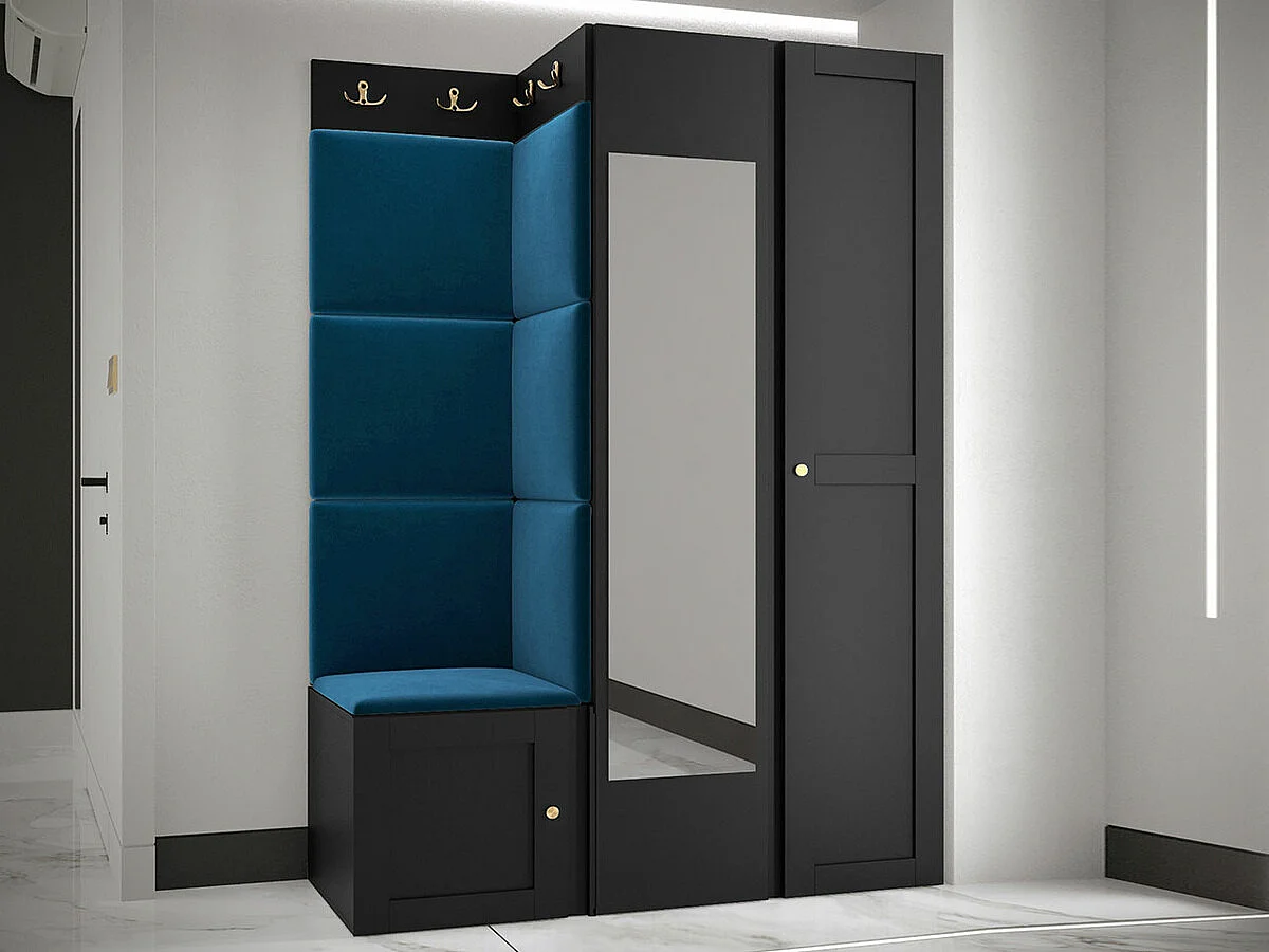 Meuble d'entrée Hartford 380, 186x116x46cm, Disponible, Bleu|Noir, Stratifié|Tissu|MDF