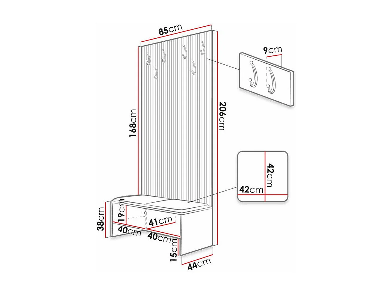 Meuble d'entrée Hartford 321, 206x85x44cm, Noir|Chêne Artisan, Tissu|Stratifié, À poser