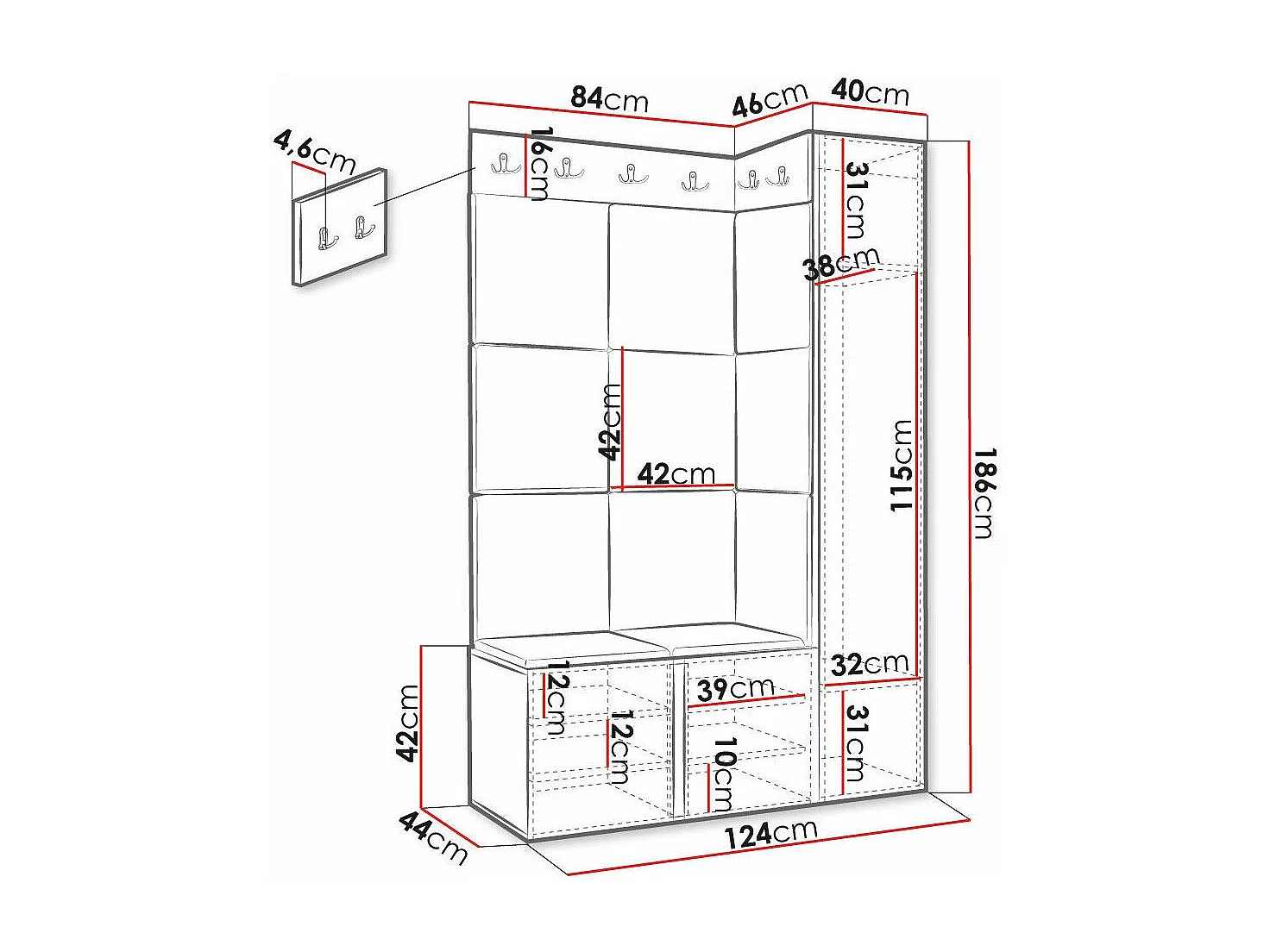 Meuble d'entrée Hartford 385, 186x124x46cm, Bleu|Blanc, Stratifié|Tissu|MDF