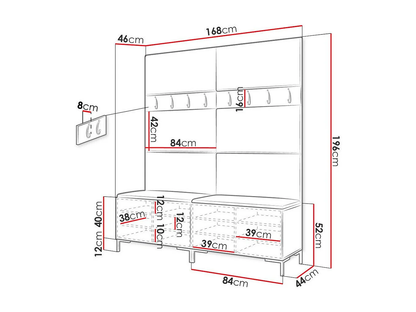 Meuble d'entrée Tivsoa 101, 196x168x46cm, Craft chêne, Faux cuir|Stratifié