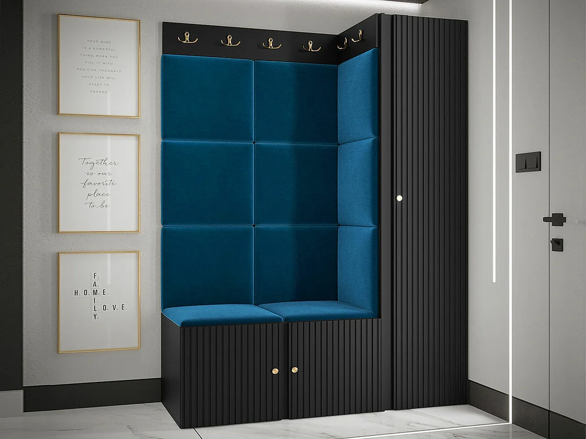 Meuble d'entrée Hartford 385, 186x124x46cm, Bleu|Noir, Stratifié|Tissu|MDF