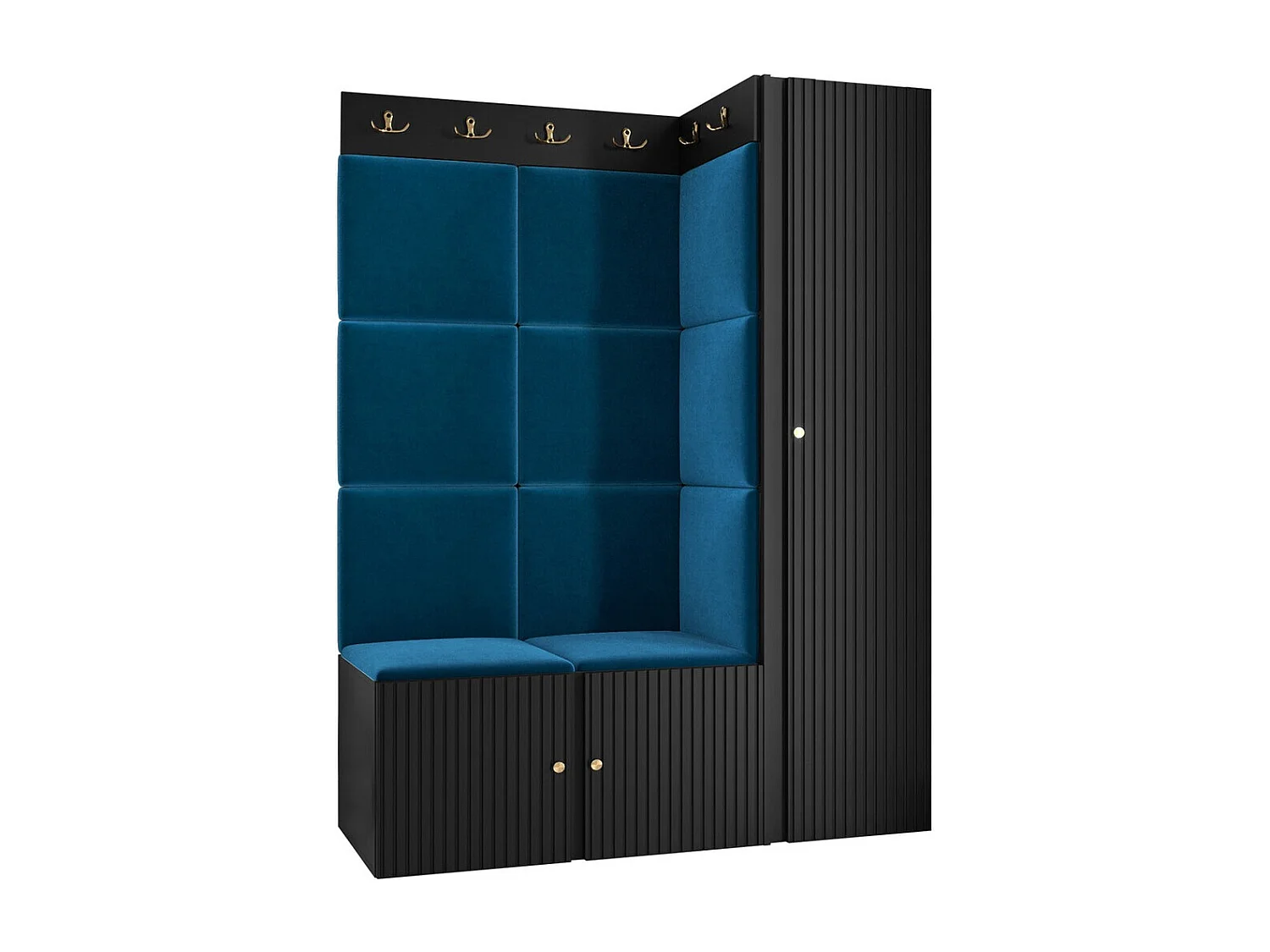 Meuble d'entrée Hartford 385, 186x124x46cm, Bleu|Noir, Stratifié|Tissu|MDF