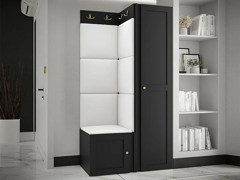 Meuble d'entrée Hartford 381, 186x82x46cm, Blanc|Noir, MDF|Stratifié|Faux cuir