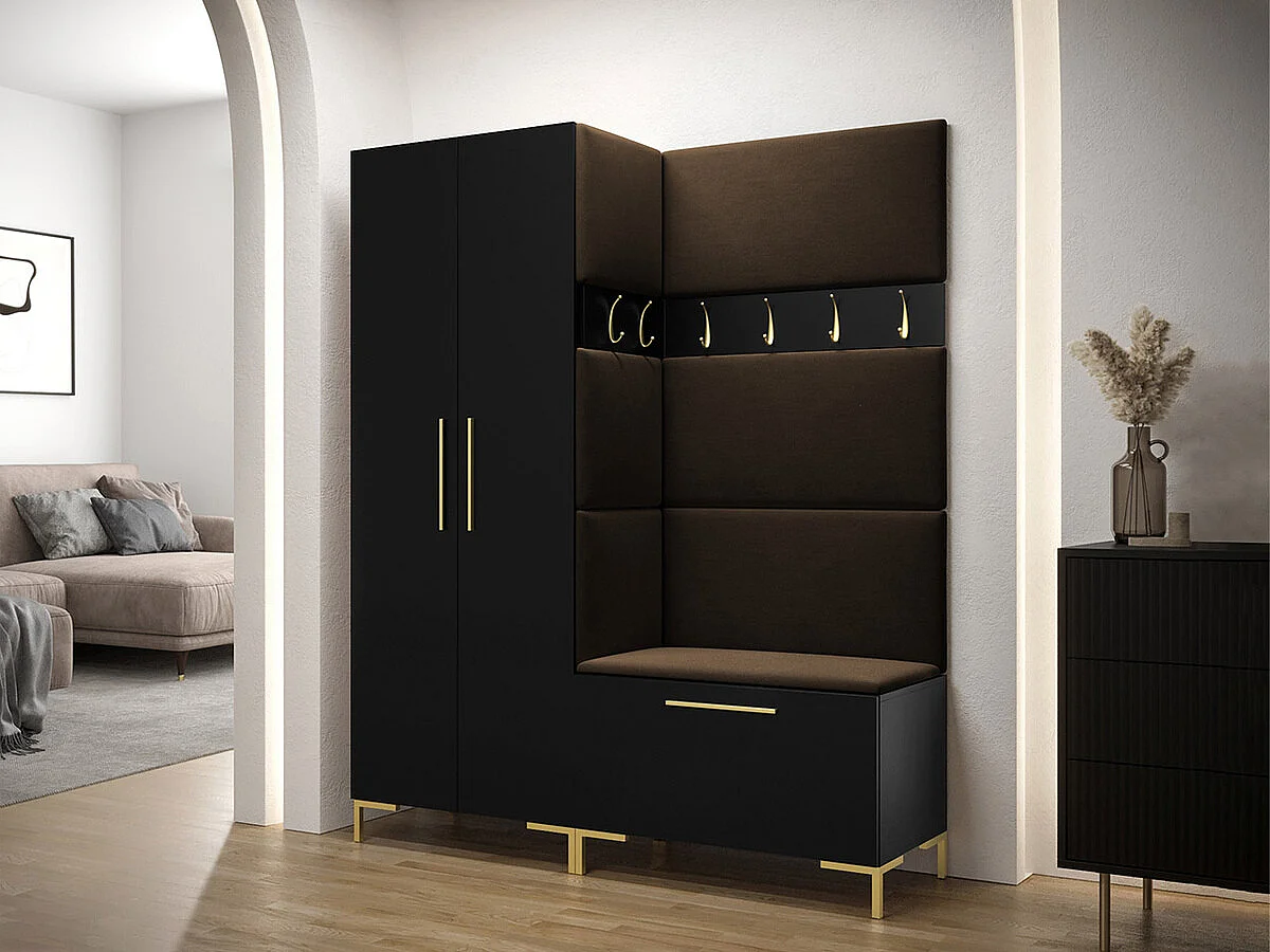 Meuble d'entrée Tivsoa 100, 196x158x44cm, Brun foncé|Noir, Stratifié|Tissu