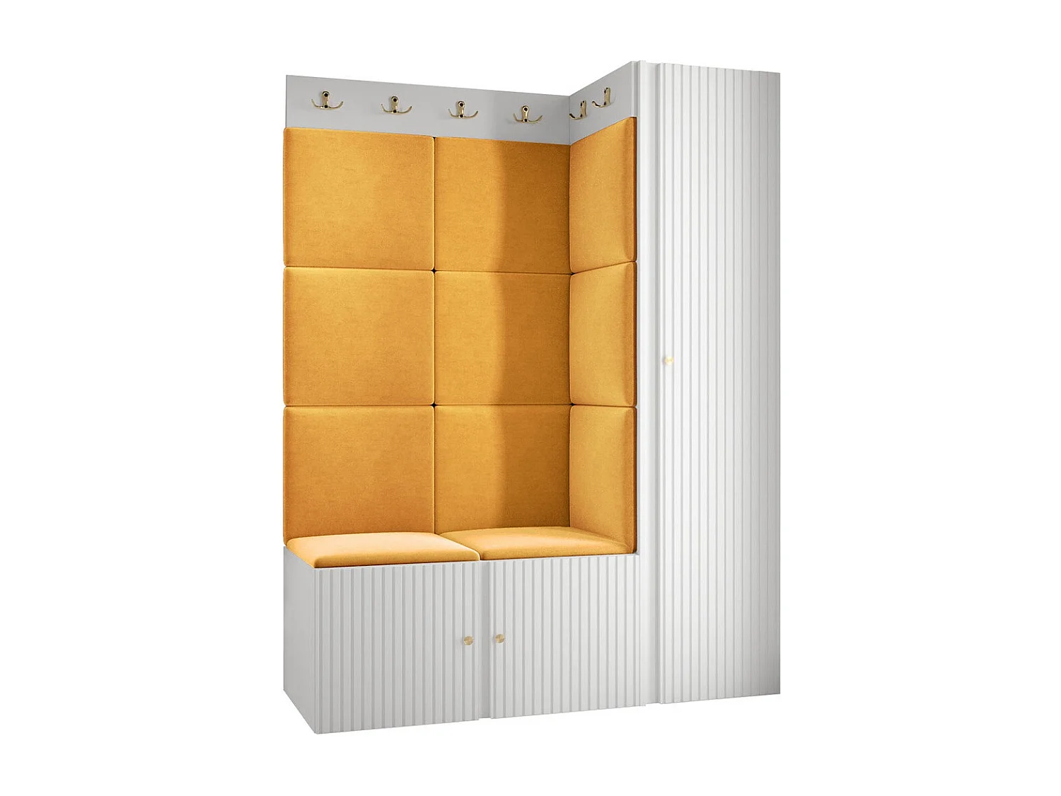Meuble d'entrée Hartford 385, 186x124x46cm, Blanc|Jaune, Stratifié|Tissu|MDF