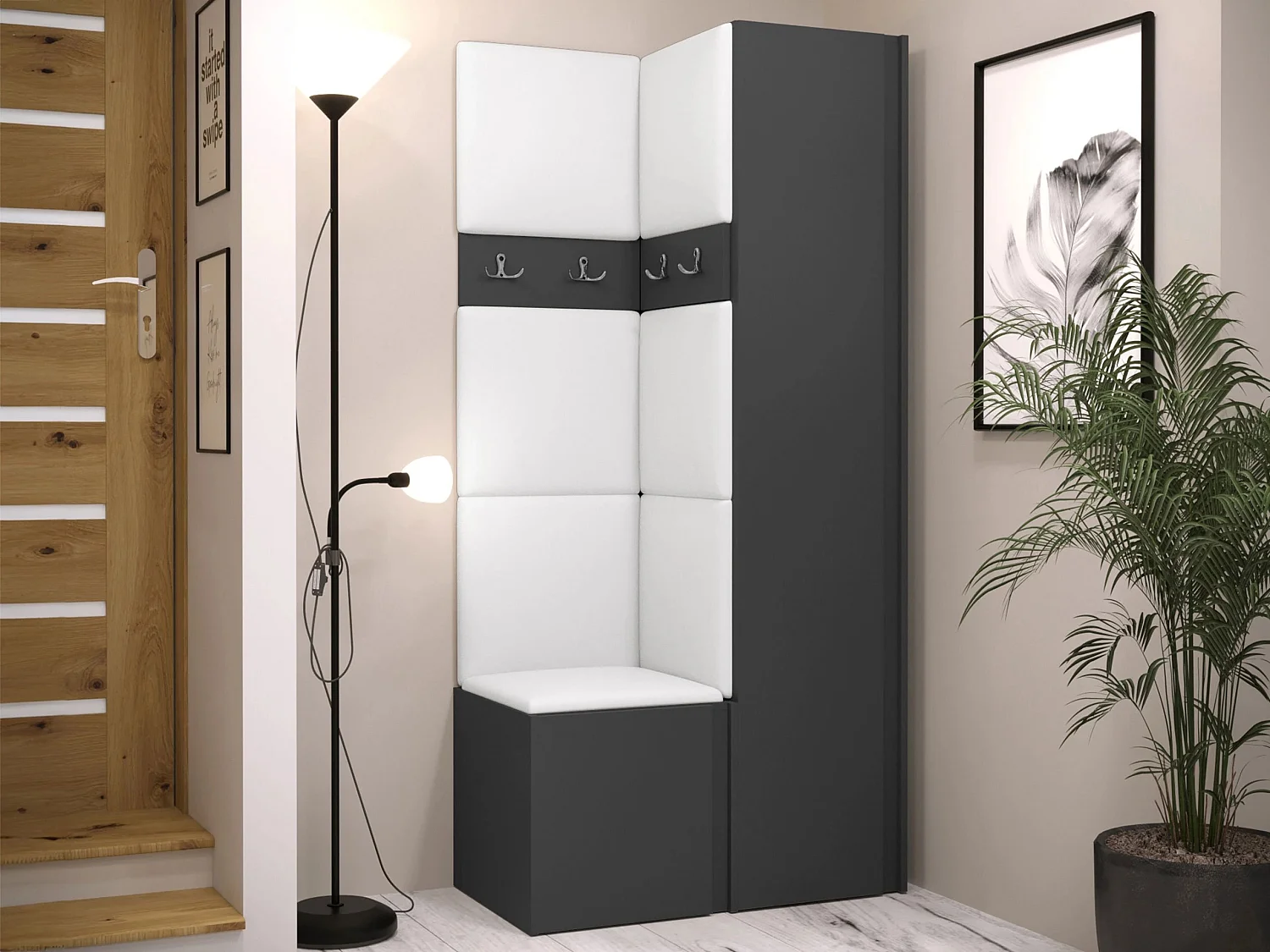 Meuble d'entrée Pinis XXIV, 186x82x46cm, Graphite, Faux cuir|Stratifié, À poser|Murale