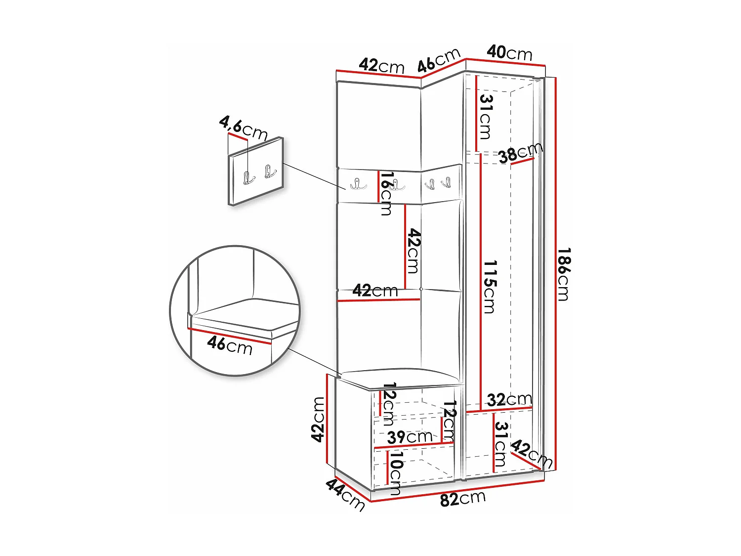 Meuble d'entrée Pinis XXIV, 186x82x46cm, Graphite, Faux cuir|Stratifié, À poser|Murale