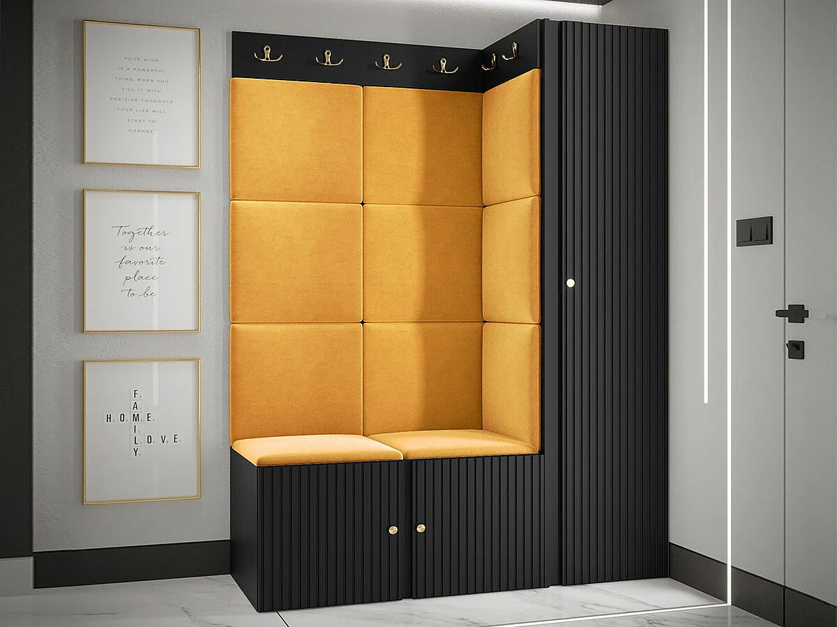 Meuble d'entrée Hartford 385, 186x124x46cm, Noir|Jaune, Stratifié|Tissu|MDF