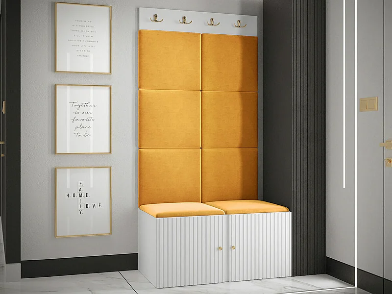 Meuble d'entrée Hartford 383, 186x84x46cm, Blanc|Jaune, Stratifié|Tissu|MDF
