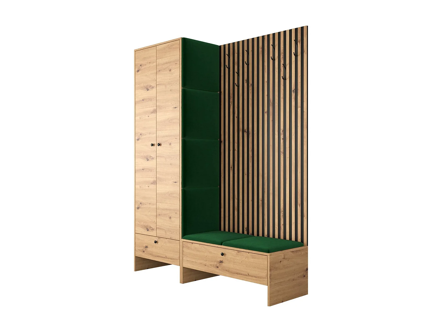 Meuble d'entrée Hartford 320, 206x145x44cm, Chêne Artisan|Noir, Tissu|Stratifié, À poser