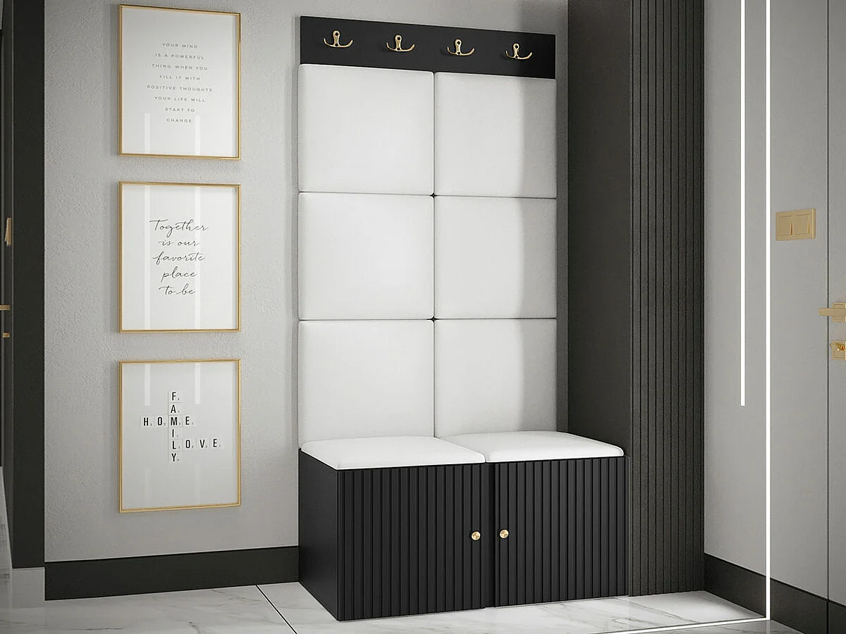 Meuble d'entrée Hartford 383, 186x84x46cm, Noir|Blanc, Stratifié|Faux cuir|MDF