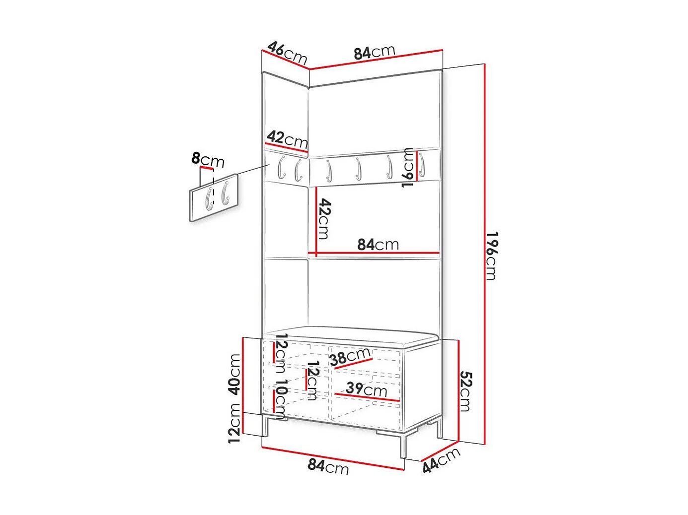 Meuble d'entrée Tivsoa 103, 196x84x46cm, Blanc, Tissu|Stratifié, À poser|Murale