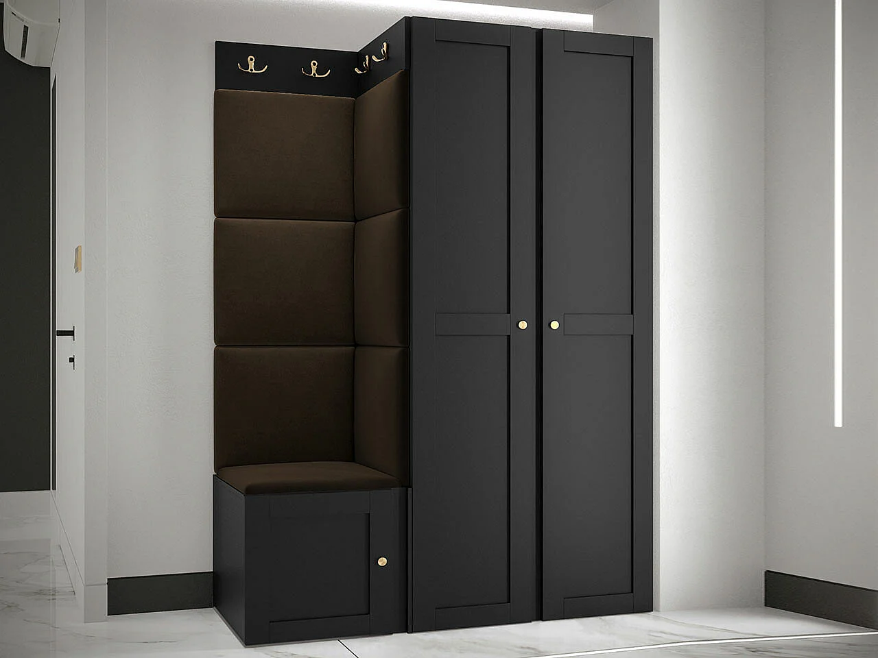 Meuble d'entrée Hartford 379, 186x116x46cm, Noir|Marron, Stratifié|Tissu|MDF