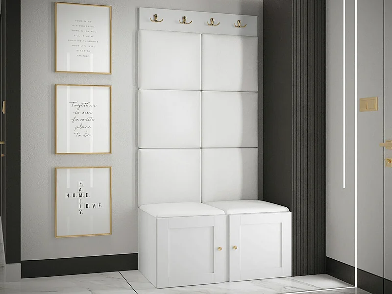 Meuble d'entrée Hartford 375, 186x84x46cm, Blanc, MDF|Stratifié|Faux cuir, À poser|Murale