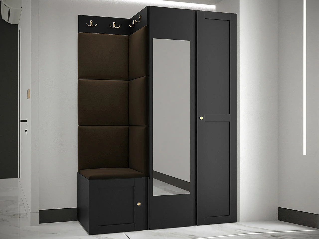 Meuble d'entrée Hartford 380, 186x116x46cm, Disponible, Noir|Marron, Stratifié|Tissu|MDF