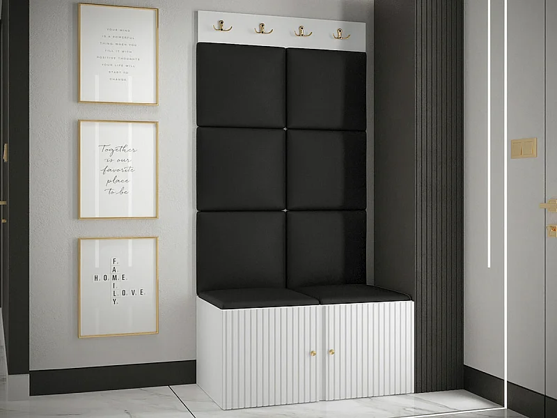 Meuble d'entrée Hartford 383, 186x84x46cm, Noir|Blanc, Stratifié|Faux cuir|MDF