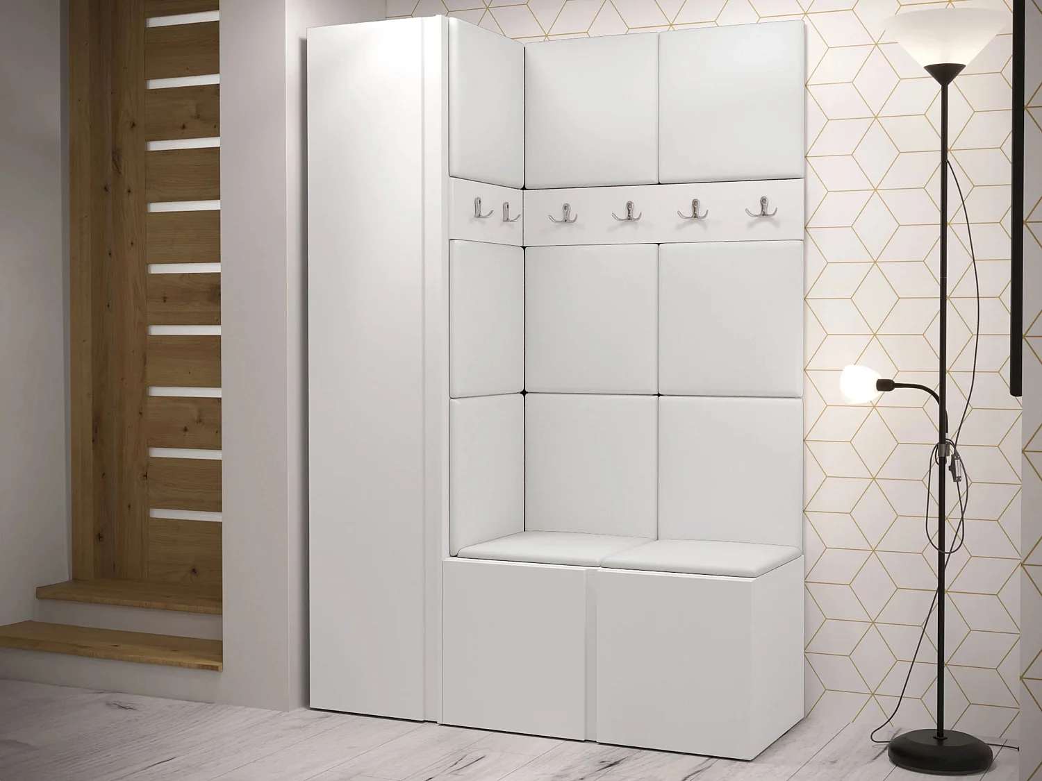 Meuble d'entrée Pinis IX, 186x124x46cm, Blanc, Faux cuir|Stratifié, À poser|Murale