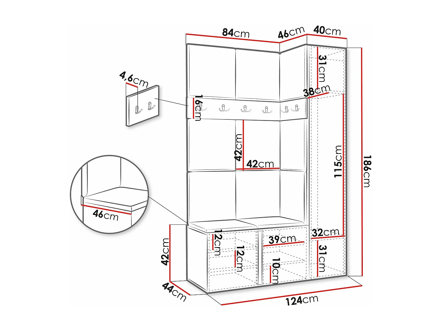 Meuble d'entrée Pinis IX, 186x124x46cm, Blanc, Faux cuir|Stratifié, À poser|Murale
