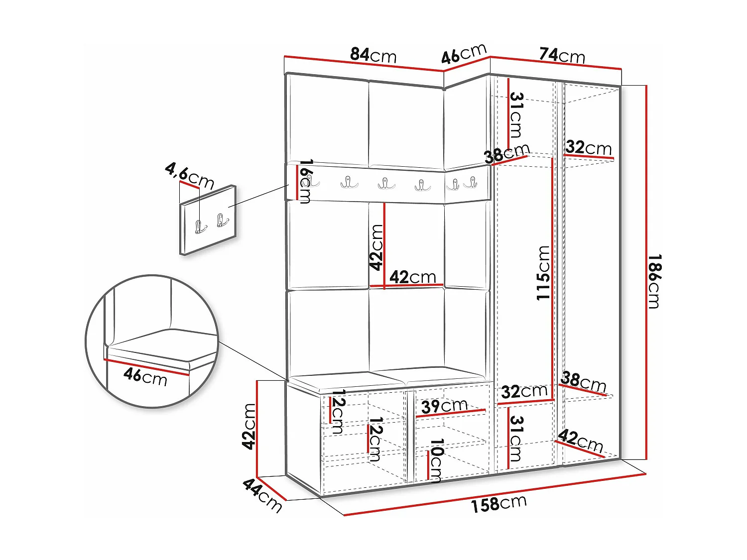 Meuble d'entrée Hartford 278, 186x158x46cm, Disponible, Graphite, Faux cuir|Stratifié
