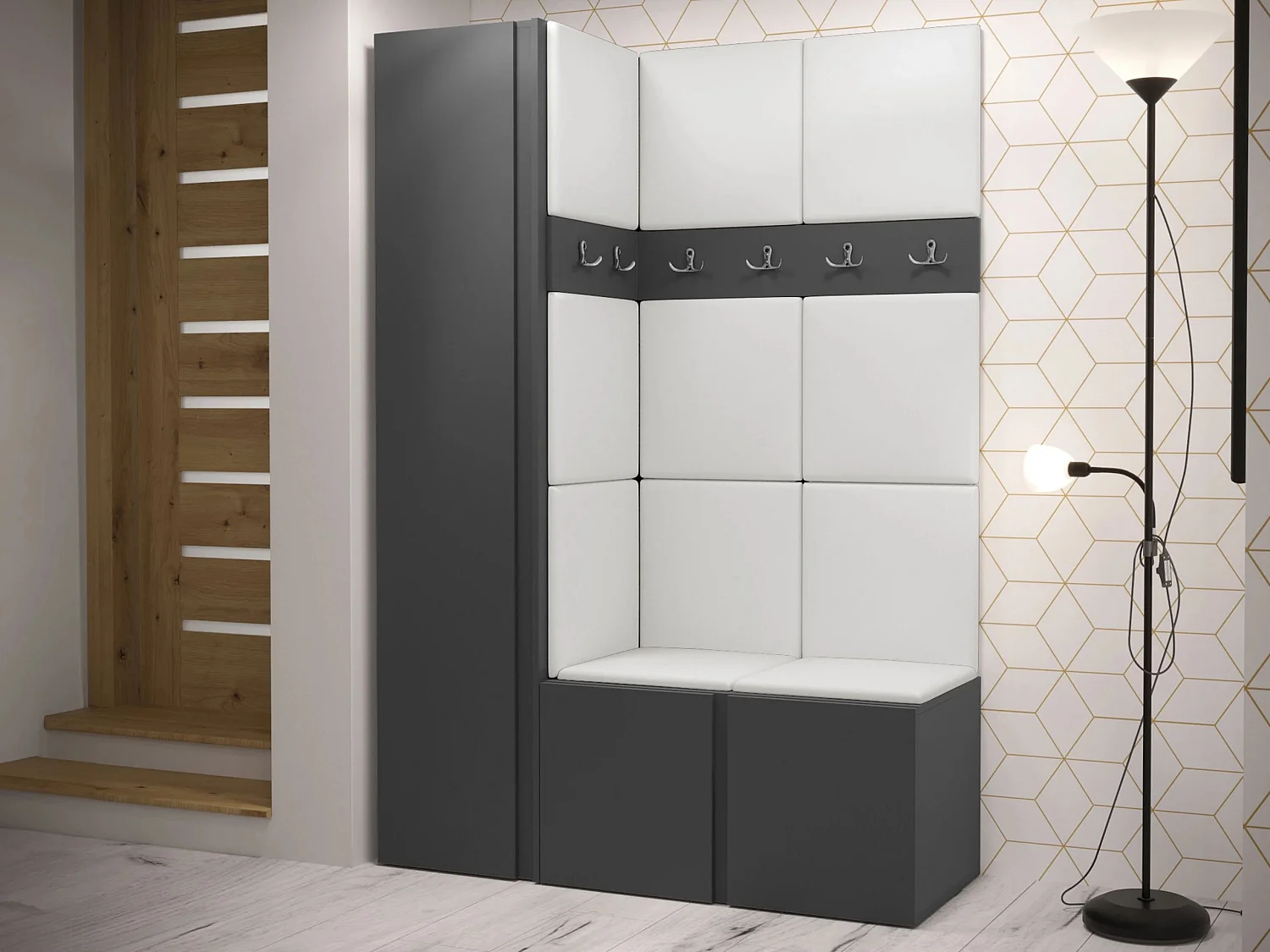 Meuble d'entrée Pinis IX, 186x124x46cm, Graphite, Faux cuir|Stratifié, À poser|Murale