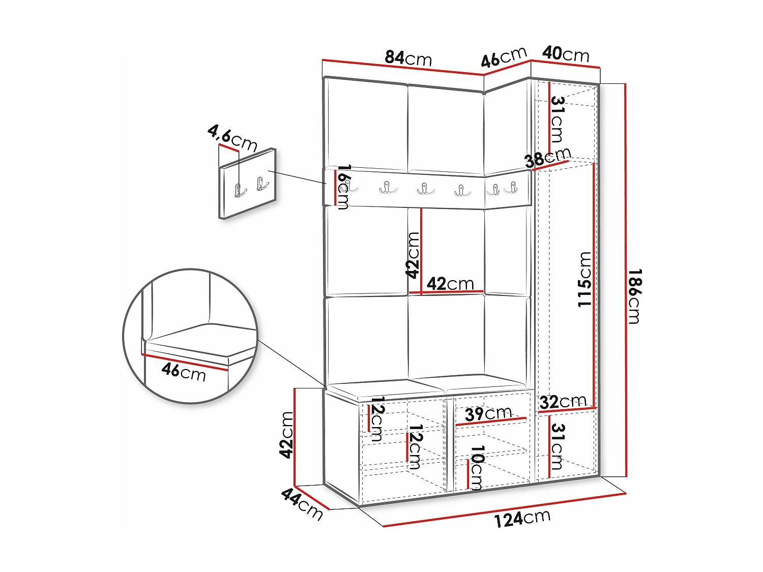 Meuble d'entrée Pinis IX, 186x124x46cm, Graphite, Faux cuir|Stratifié, À poser|Murale