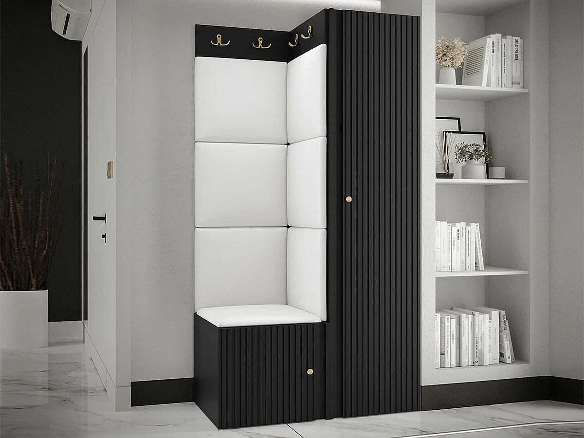 Meuble d'entrée Hartford 390, 186x82x46cm, Noir|Blanc, Stratifié|Faux cuir|MDF