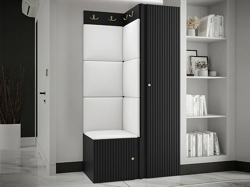 Meuble d'entrée Hartford 390, 186x82x46cm, Blanc|Noir, MDF|Stratifié|Faux cuir