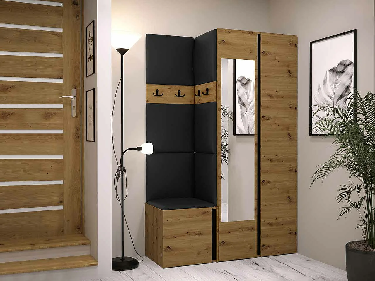 Meuble d'entrée Hartford 350, 186x116x44cm, Disponible, Noir|Chêne Artisan