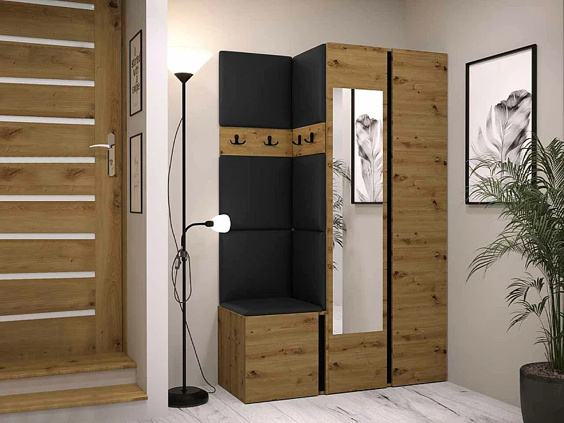 Meuble d'entrée Hartford 350, 186x116x44cm, Disponible, Noir|Chêne Artisan